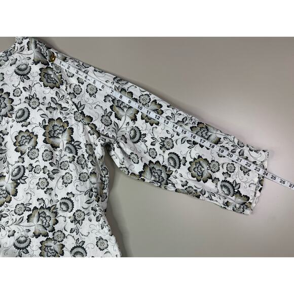 Tahari Womens Linen Tunic Top 2X Gray Black Floral Button Front Roll Tab Flowy - Picture 8 of 16